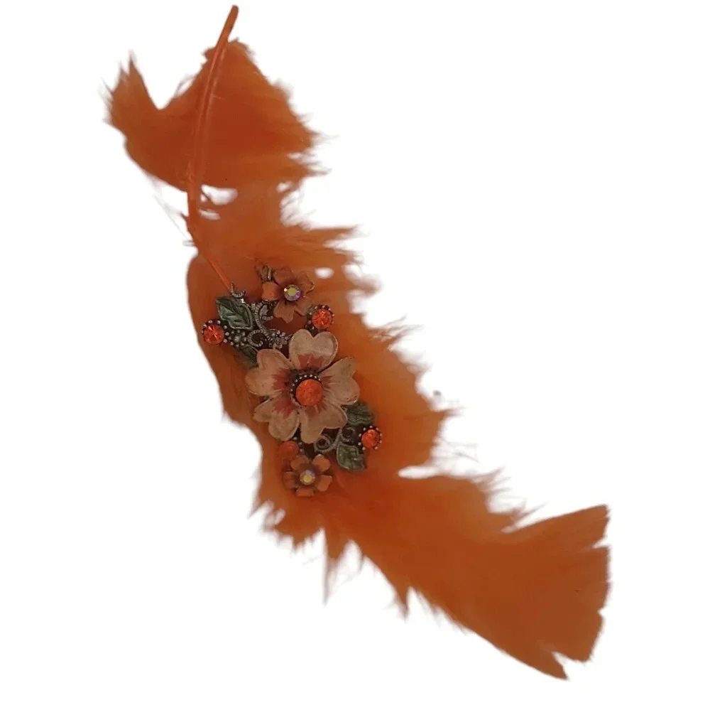 Vintage Feather Orange Red Crystals Hair Clip
